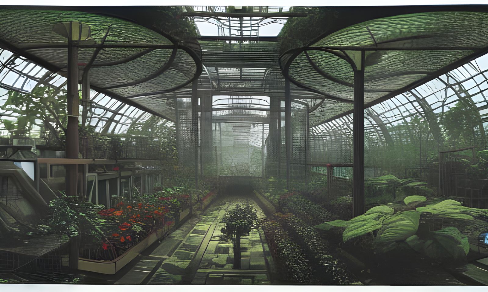 Dieselpunk Greenhouse with Butterfly Drones and Neon Glasswo...