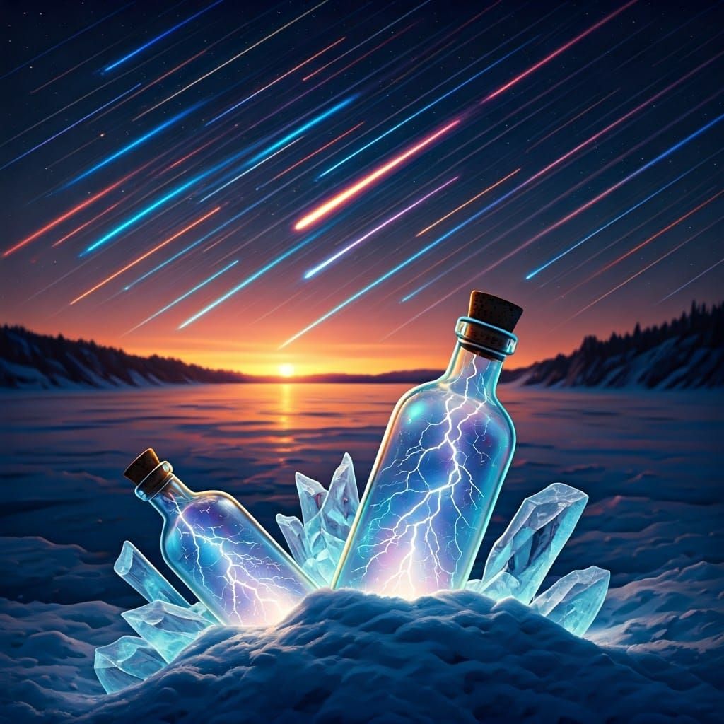 Glass Bottles in Celestial Light on a Frozen Lake