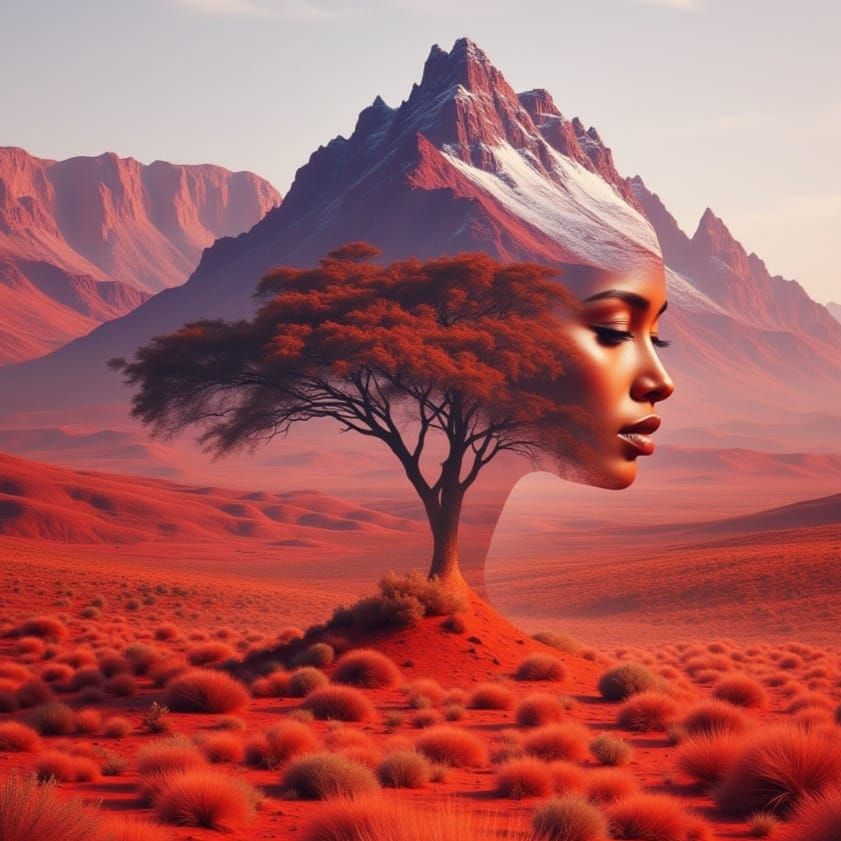 African Woman in Desert Landscape Double Exposure