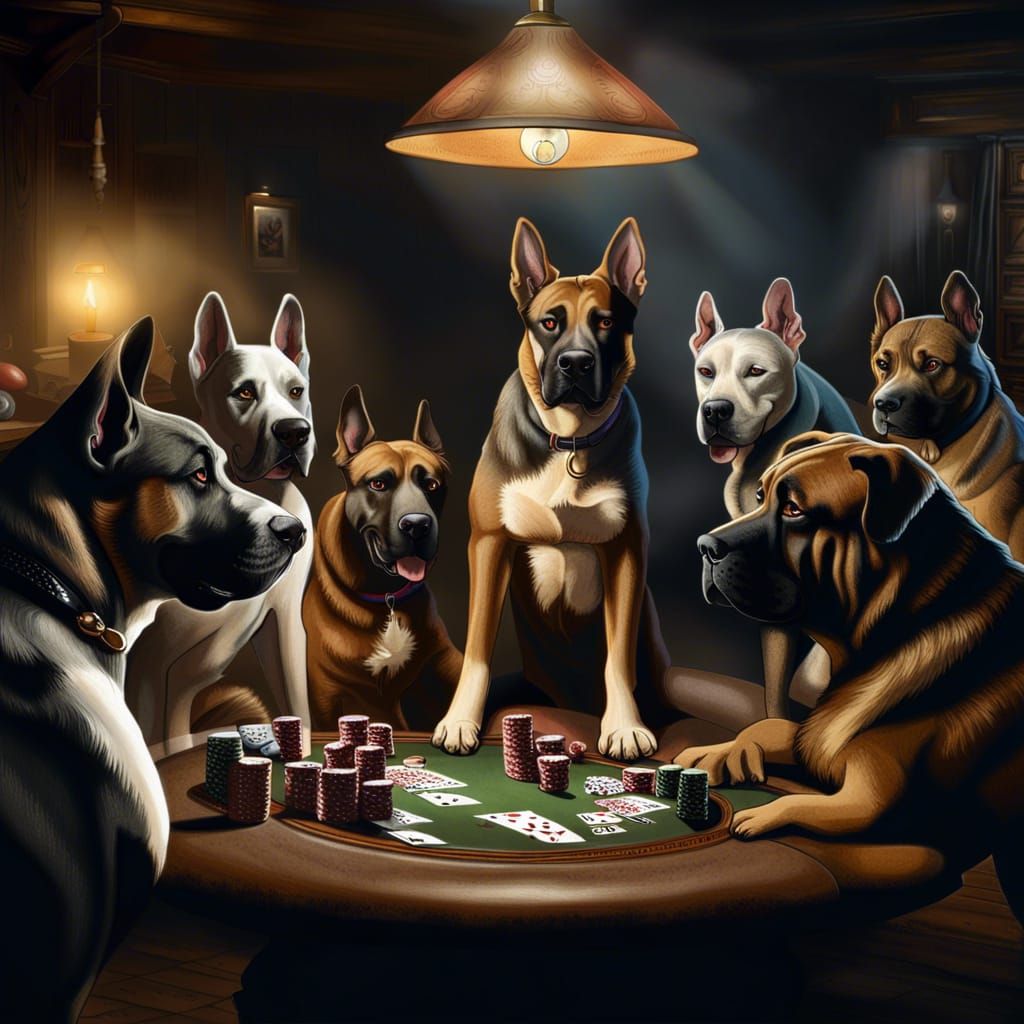 Group of large breed dogs playing poker in a smoky man cave den German shepherd bulldog Pitbull Great Dane Hyperrealisti...