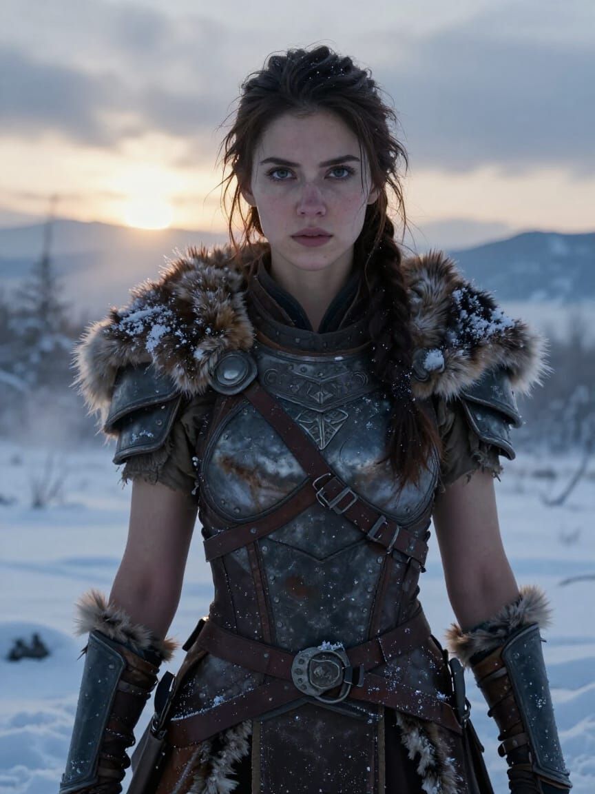 Female Warrior at Dawn in Snowy Landscape