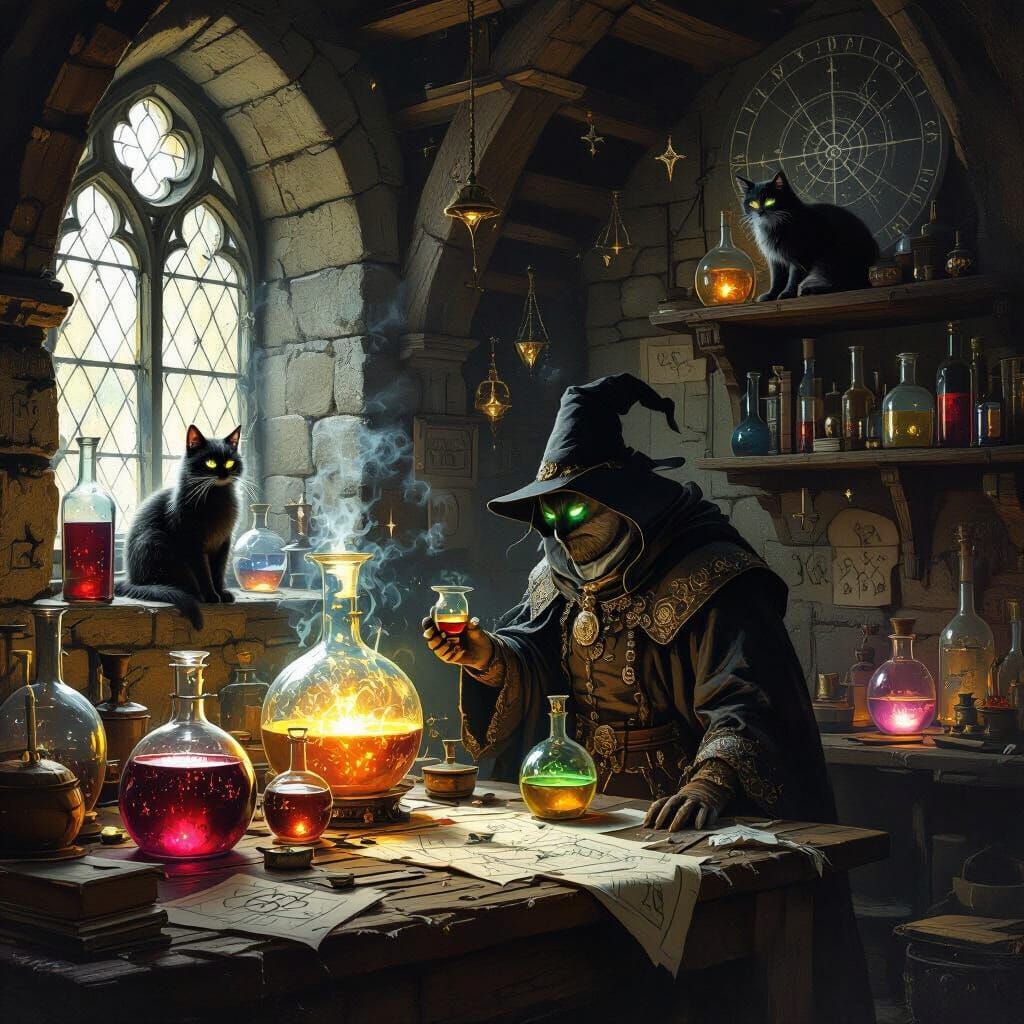 Medieval Alchemist's Lab with Spectral Cat in Chiaroscuro