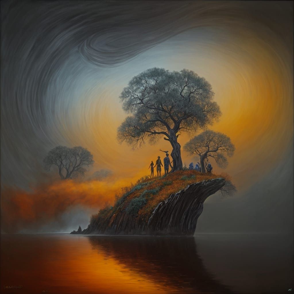 Surreal Landscape with Shadowy Figures, Oil Painting