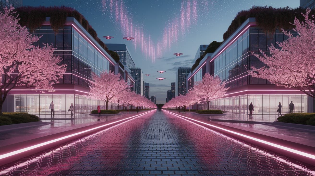 Hyper-Futuristic Cityscape in Cherry Blossom Bloom