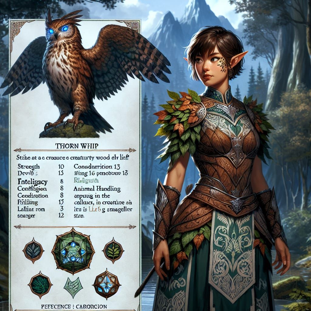 A female wood elf druid stands confidently in front of a tow...