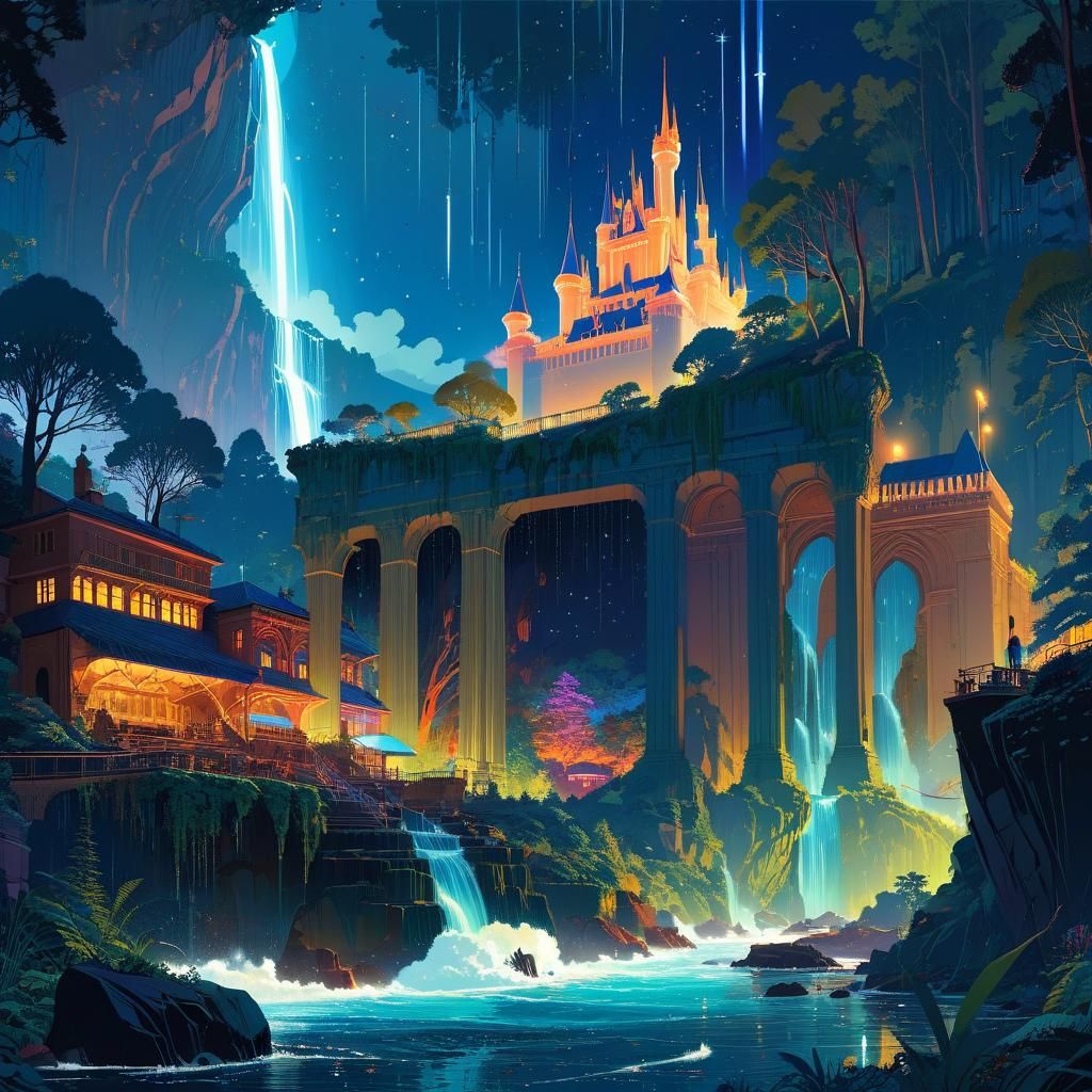 Enchanted Forest Castle Under Shooting Stars