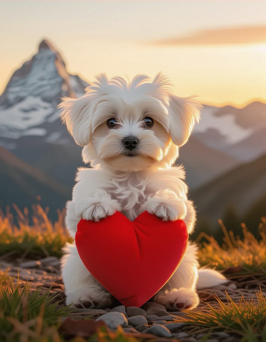 Cute Maltese Puppy Holds Red Heart in Mountain Sunset