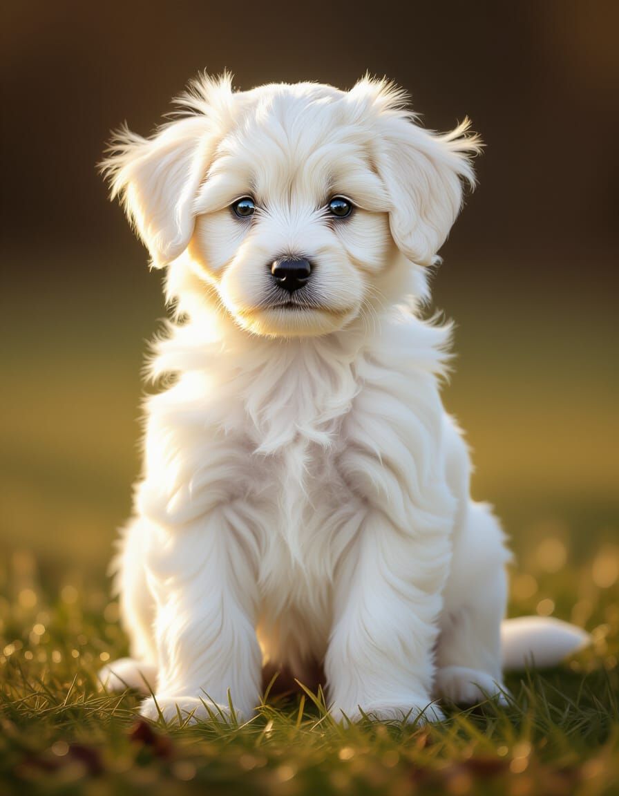 Adorable Maltese Puppy with Red Heart in Mountain Sunset