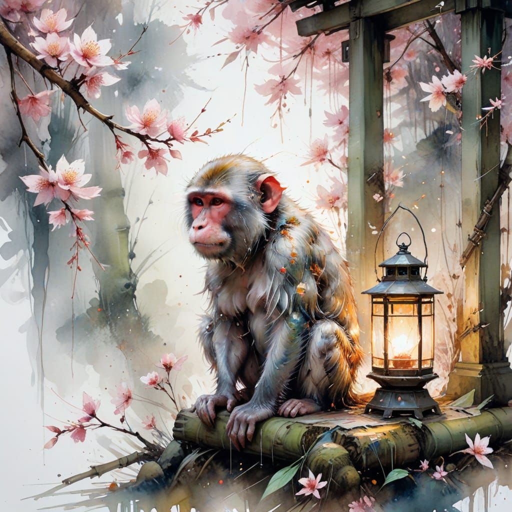 Dreamy Japanese Watercolour Shrine in a Bamboo Grove