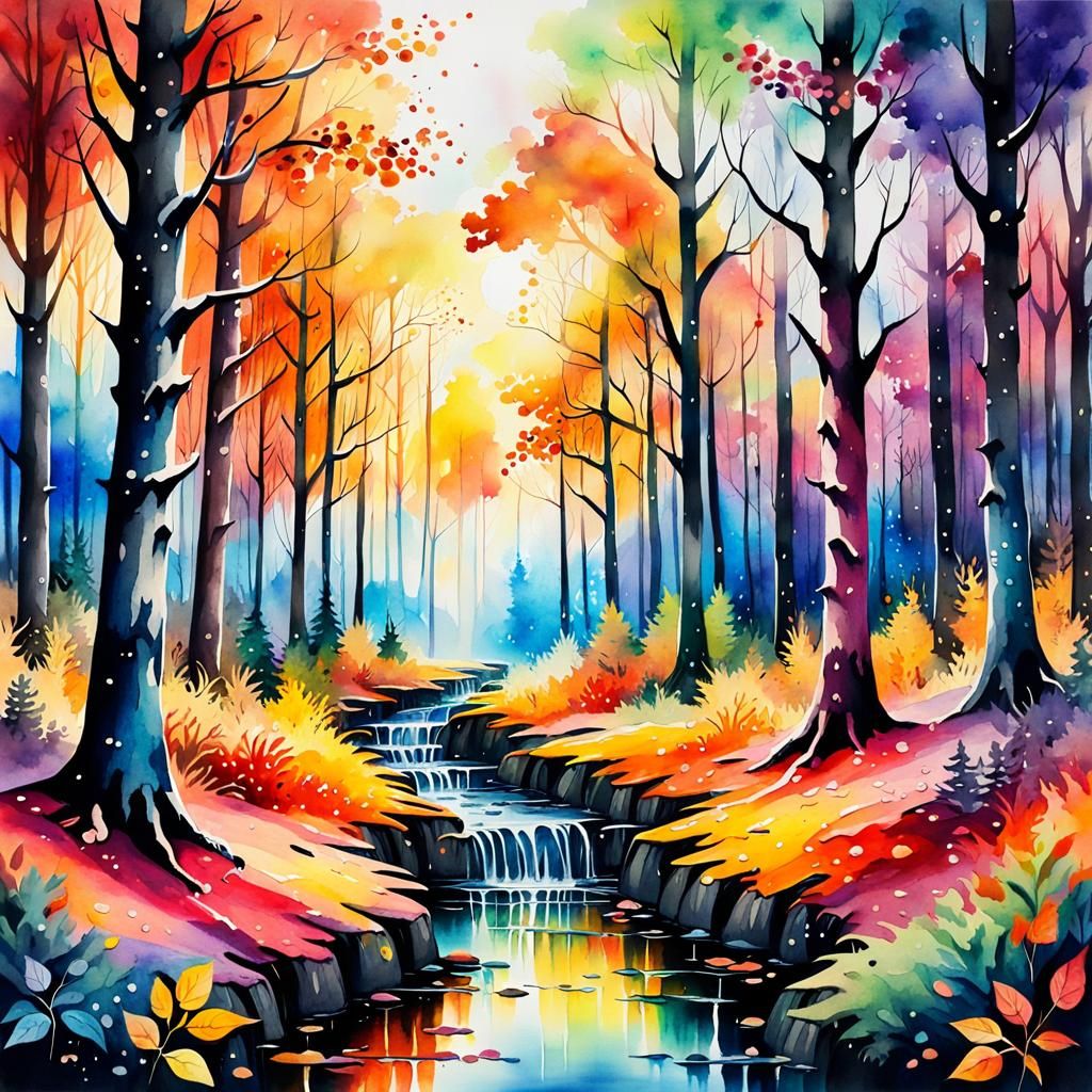 Magical Autumn Forest in Watercolor and Ink