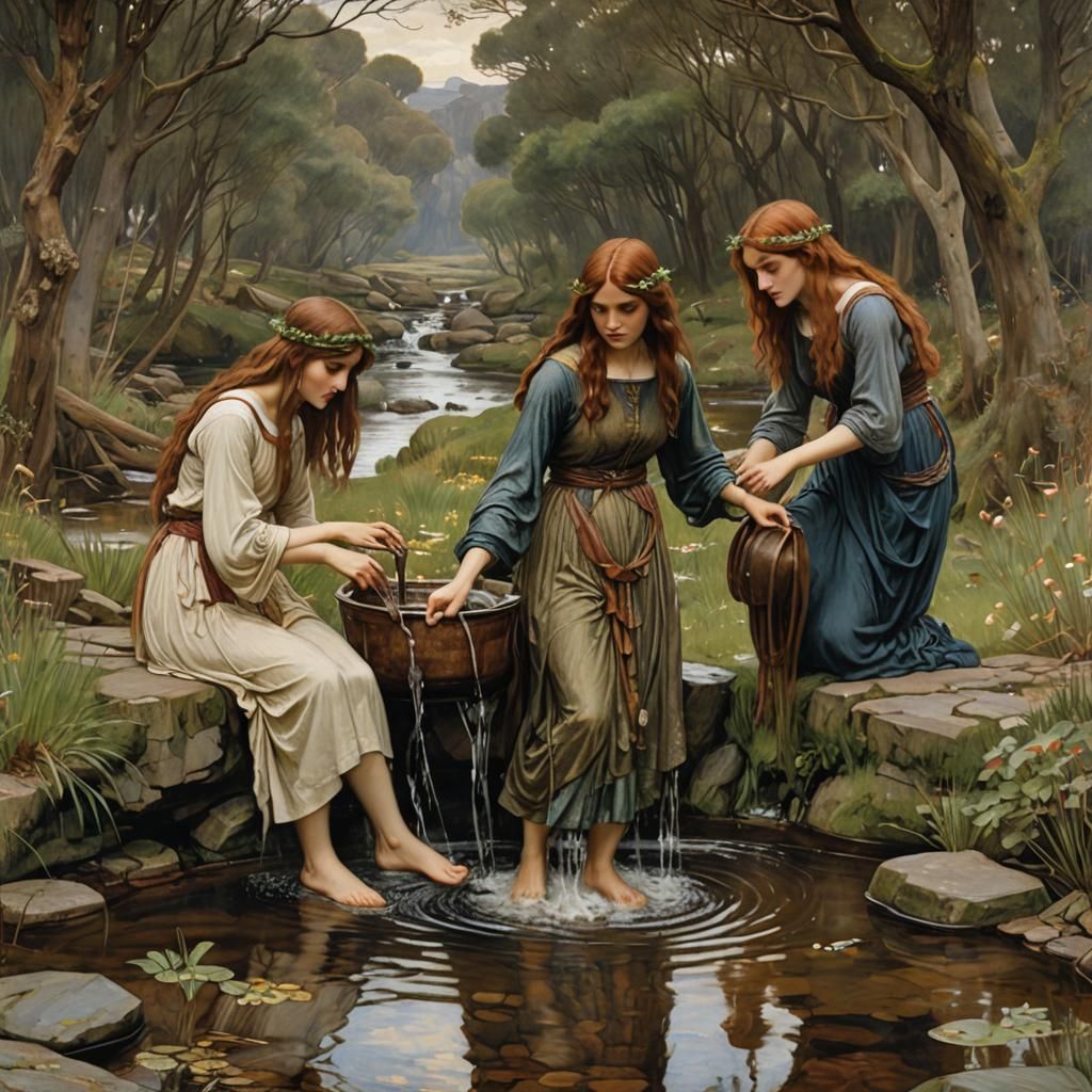 Pre-Raphaelite Women Washing Hair in Stream