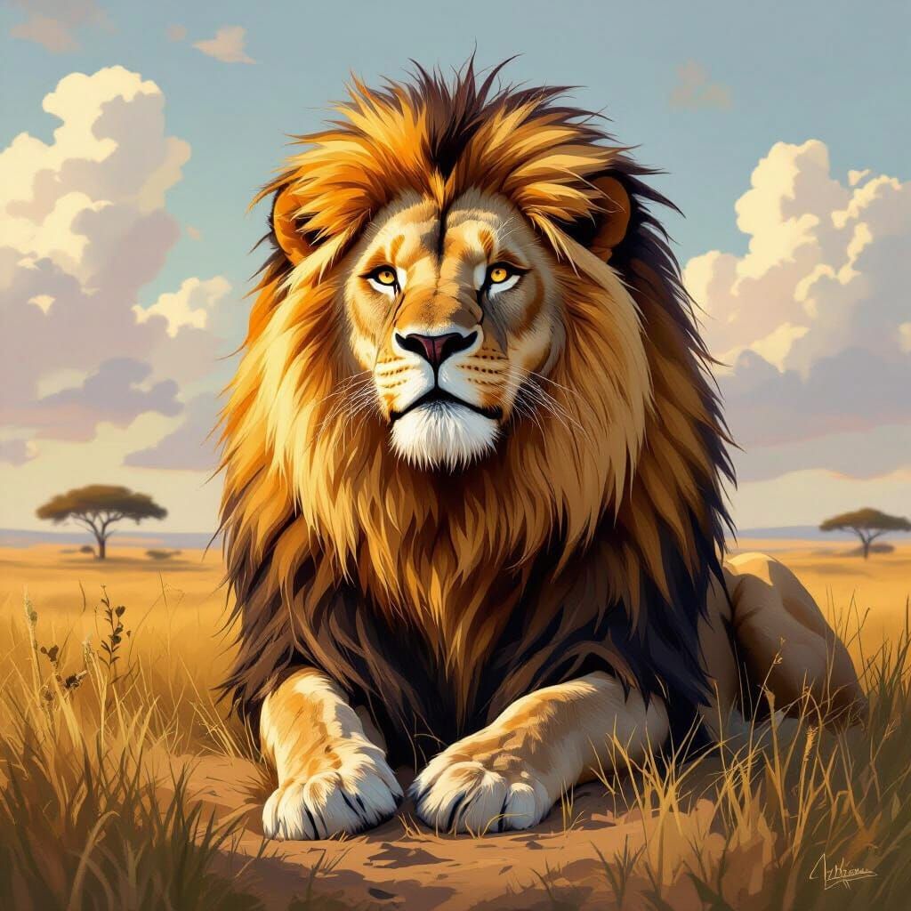 Golden Lion in Savannah Landscape