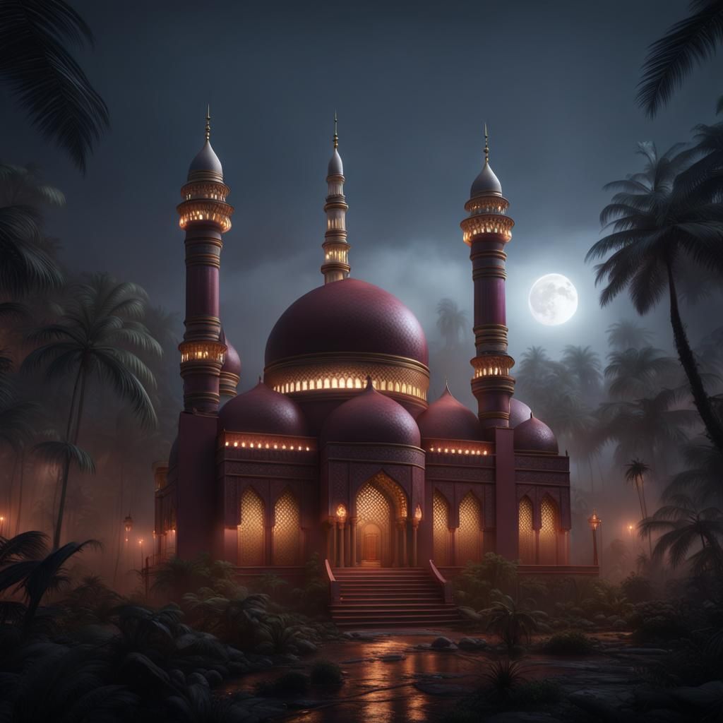Maroon and Gold Mosque in Jungle Fog