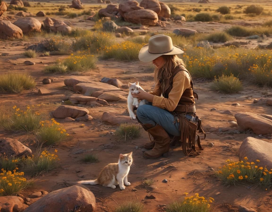 Cowgirl Kitten Wrangler in Wild West Landscape