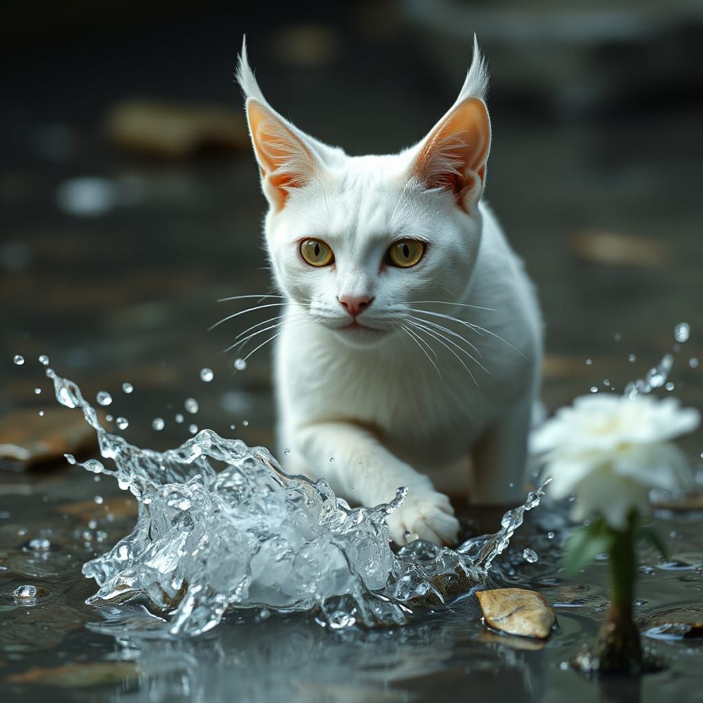 Elegant White Cat Banshee Emerging from Stream
