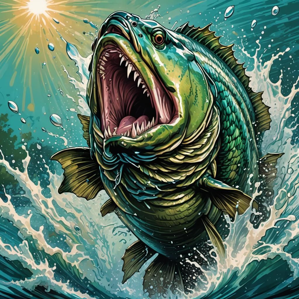 Giant Bass Leaps: Comic Book Style Splash Art