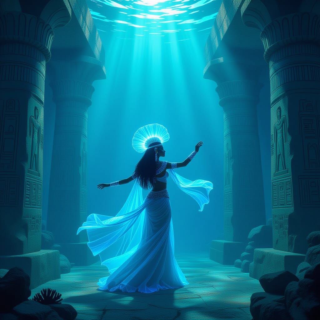 Ethereal Dancer in Submerged Egyptian Temple