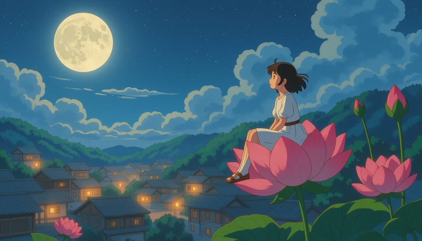 Girl on Bloom Flying Over Village in Moonlight