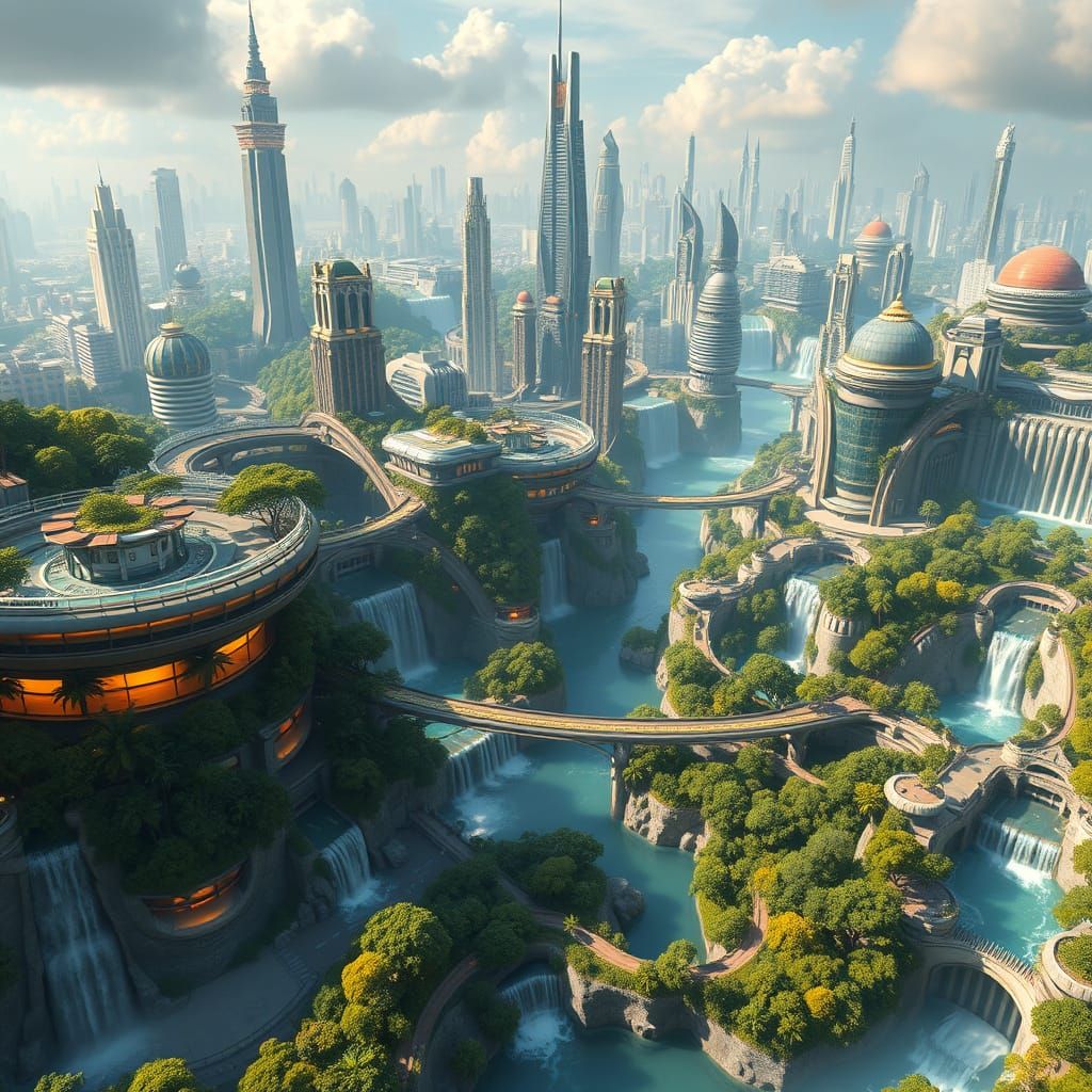 Surreal Cityscape of Harmony in Cyberpunk Elegance