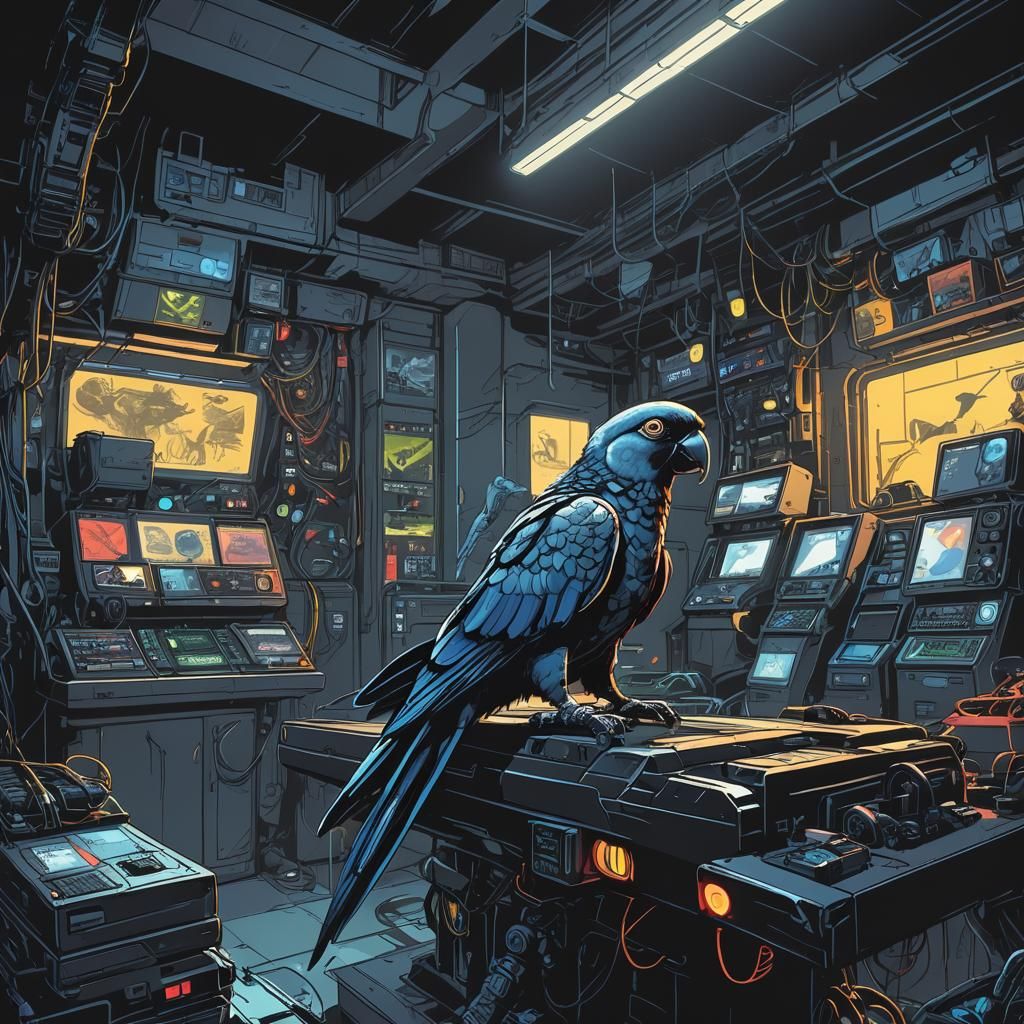 Parrot in Batcave Overlooking Batmobile, Comic Book Style