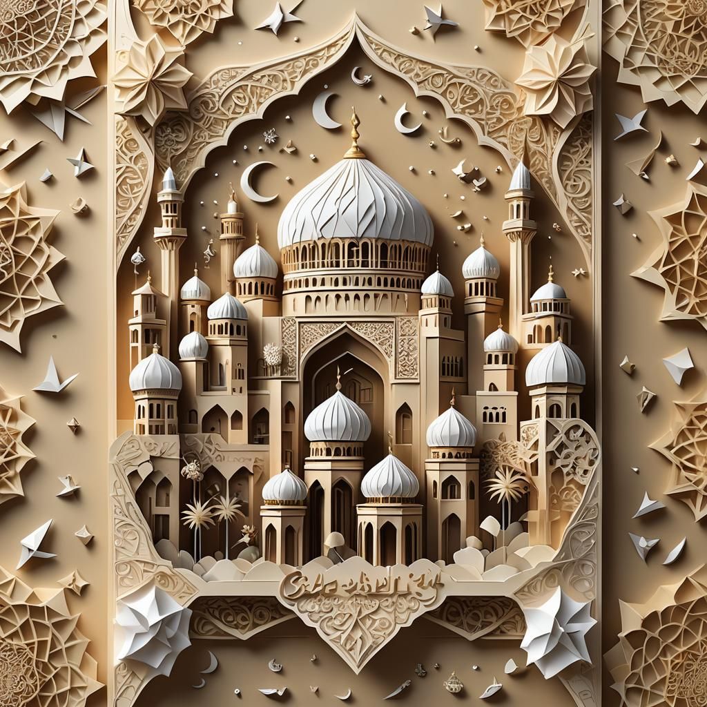 Eid Al-Fitr Masjid Card in 3D Origami Style