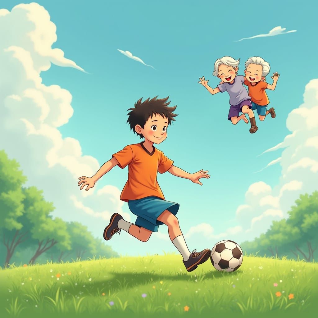Whimsical Boy Kicks Football with Grandparents in the Sky