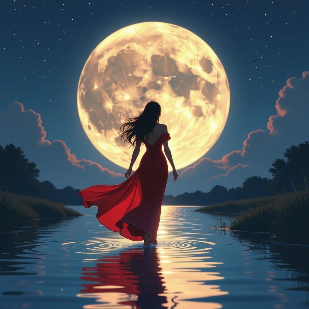 Lunar Goddess Walks on Water in Moonlit Anime Style