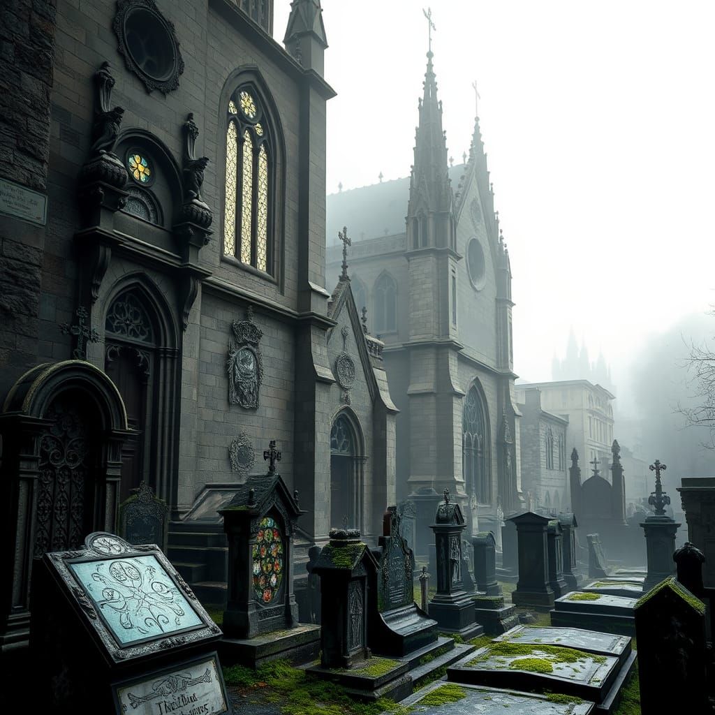 Misty Gothic Barcelona Cityscape with Churches and Graveyard...