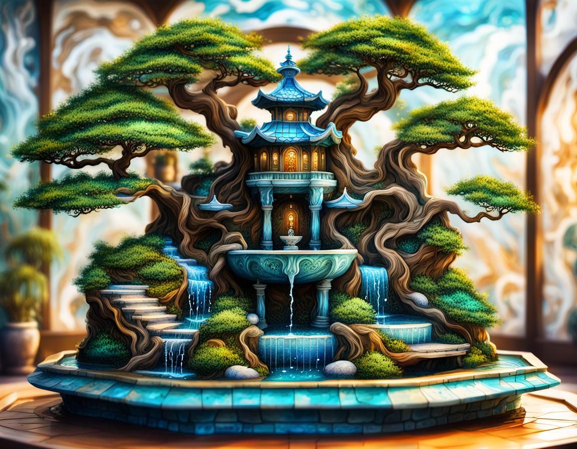Miniature Water Fountain Mansion in Mosaic Graffiti Art