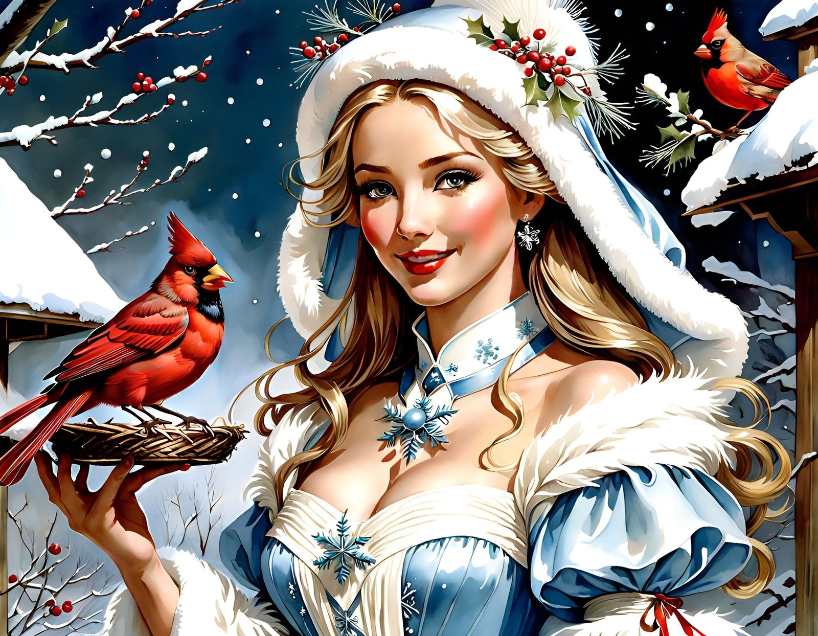 Beautiful Snow Maiden with a Red Cardinal Nest
