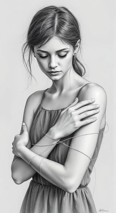 Introspective Woman: Surreal Graphite Drawing with Fine Deta...
