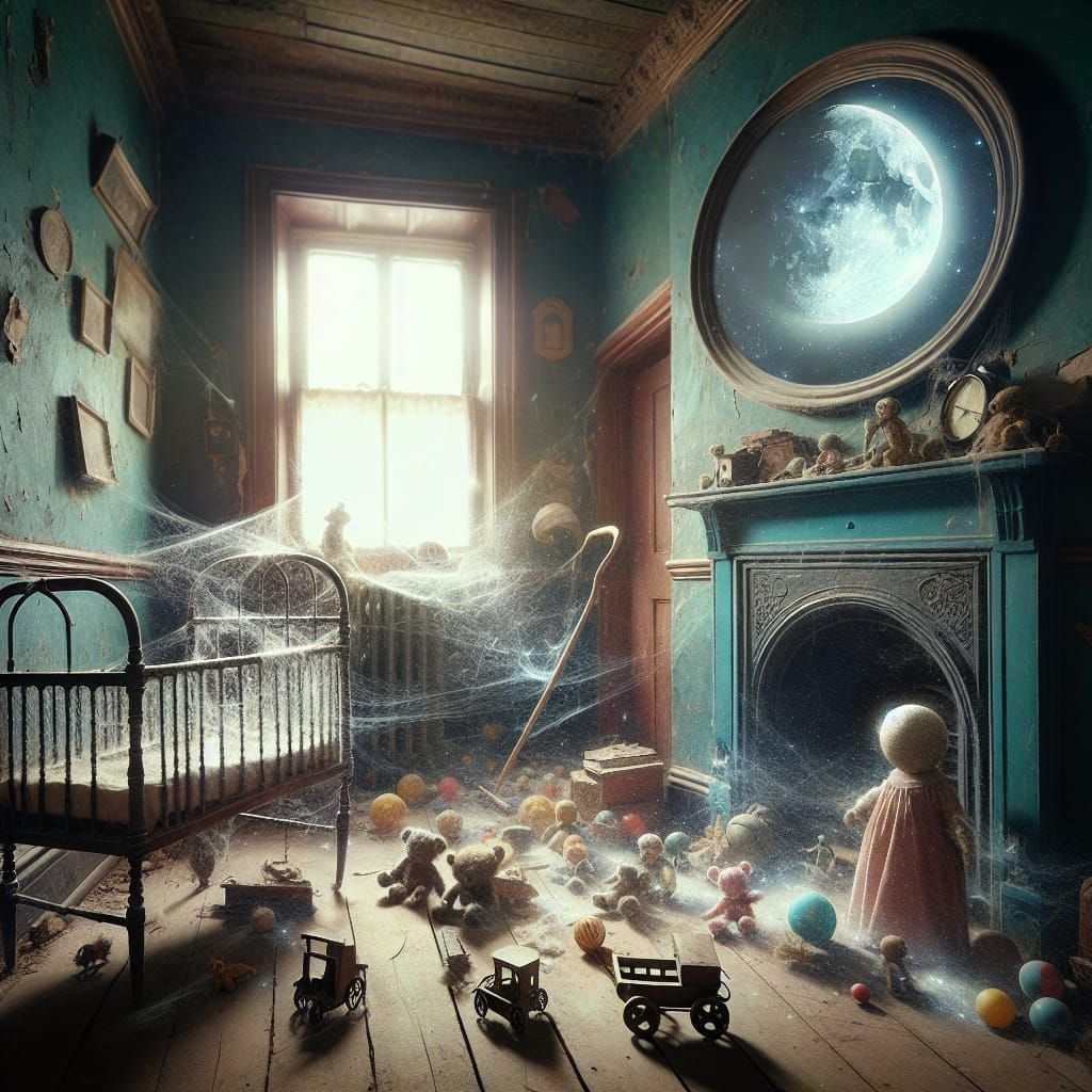 Abandoned Child's Bedroom with Moonlit Mirror