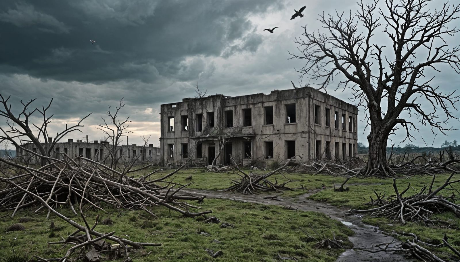 Dystopian Nature Scene with Ruins and Wildlife
