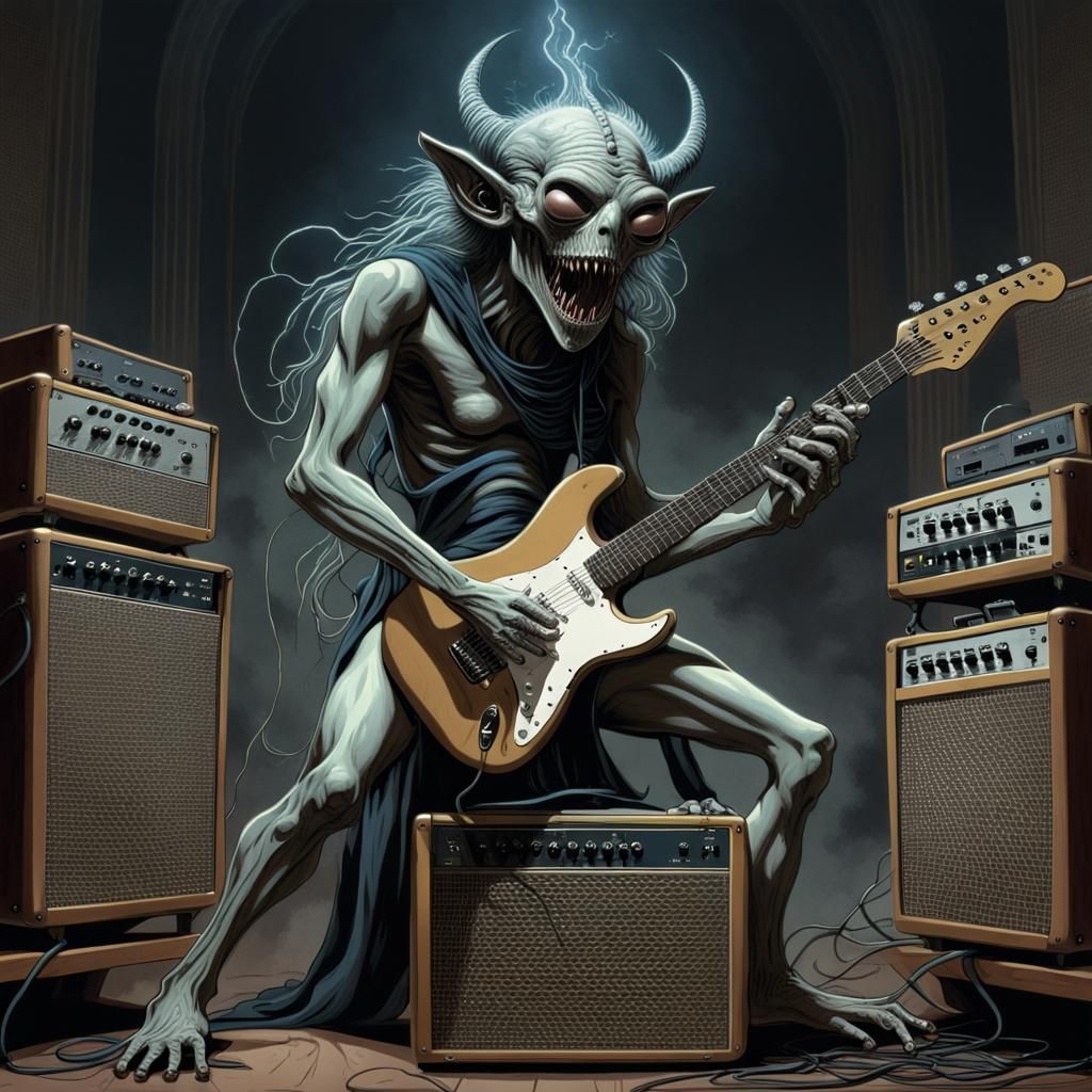 Alien Guitarist in Dark Gothic Horror Style