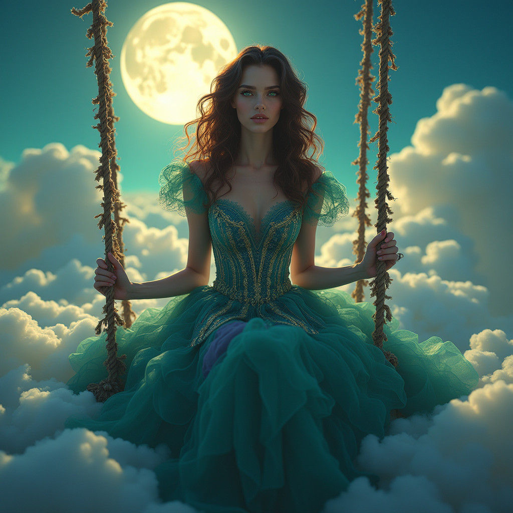 Woman in Clouds, Hyperrealistic Fantasy Concept Art