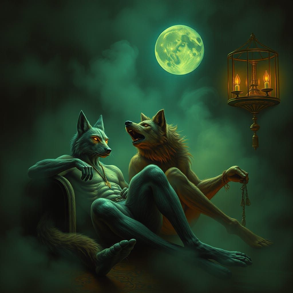 ⏱🔥🪲🥲 Dark luminous wolf shifter beefcakes lounging in a room filled with fog. Gustave Doré Van Gogh Pablo Picasso Alp...