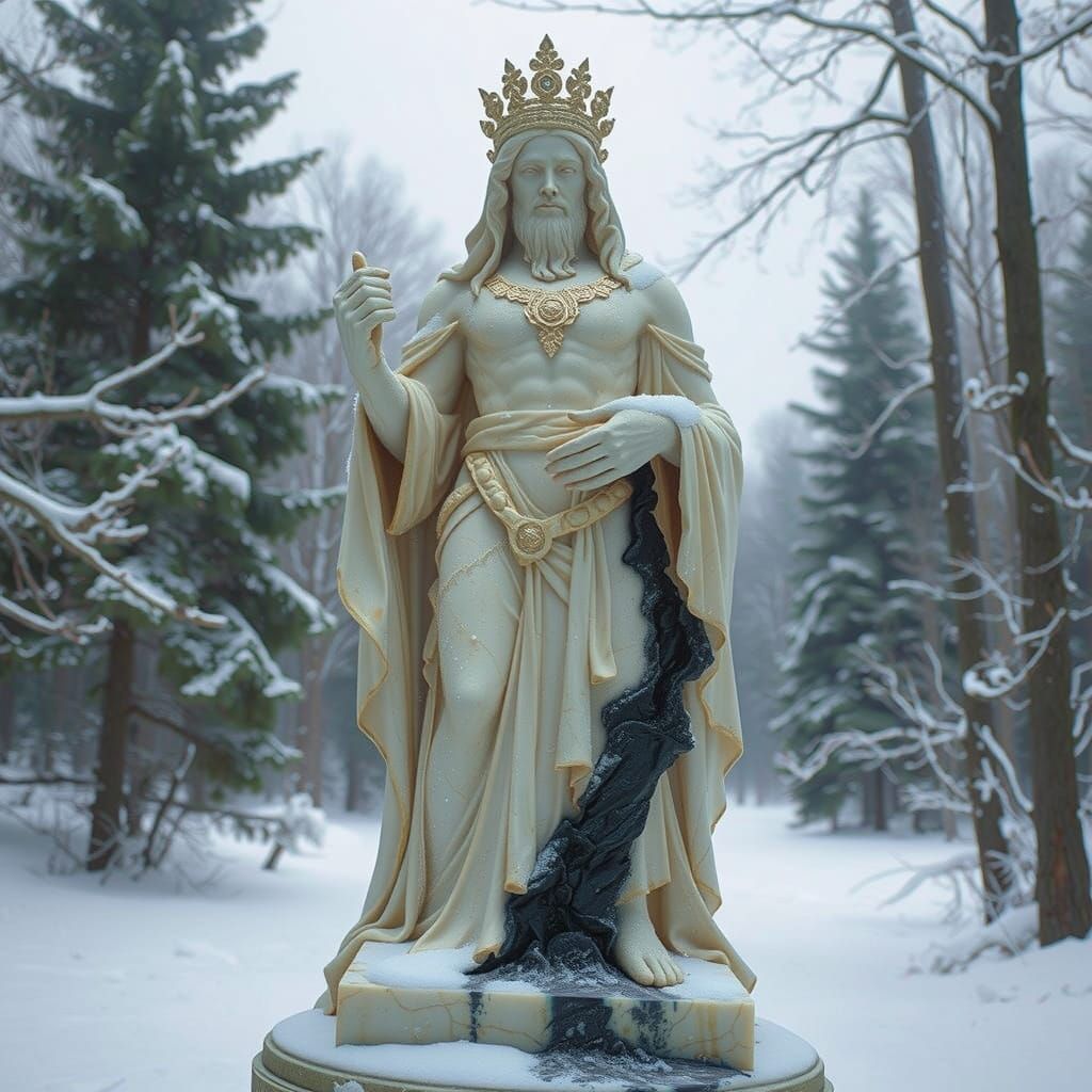 Belobog and Chernobog Statue in Winter Forest