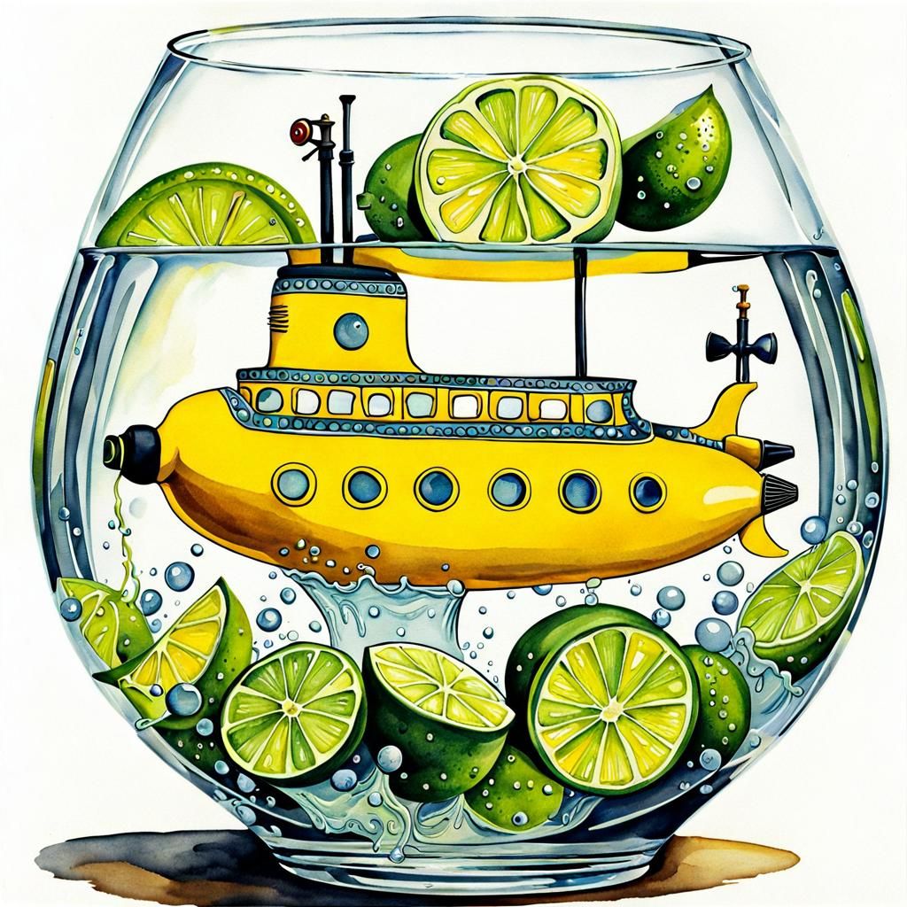 Quirky Yellow Submarine with Lime, Watercolor Style