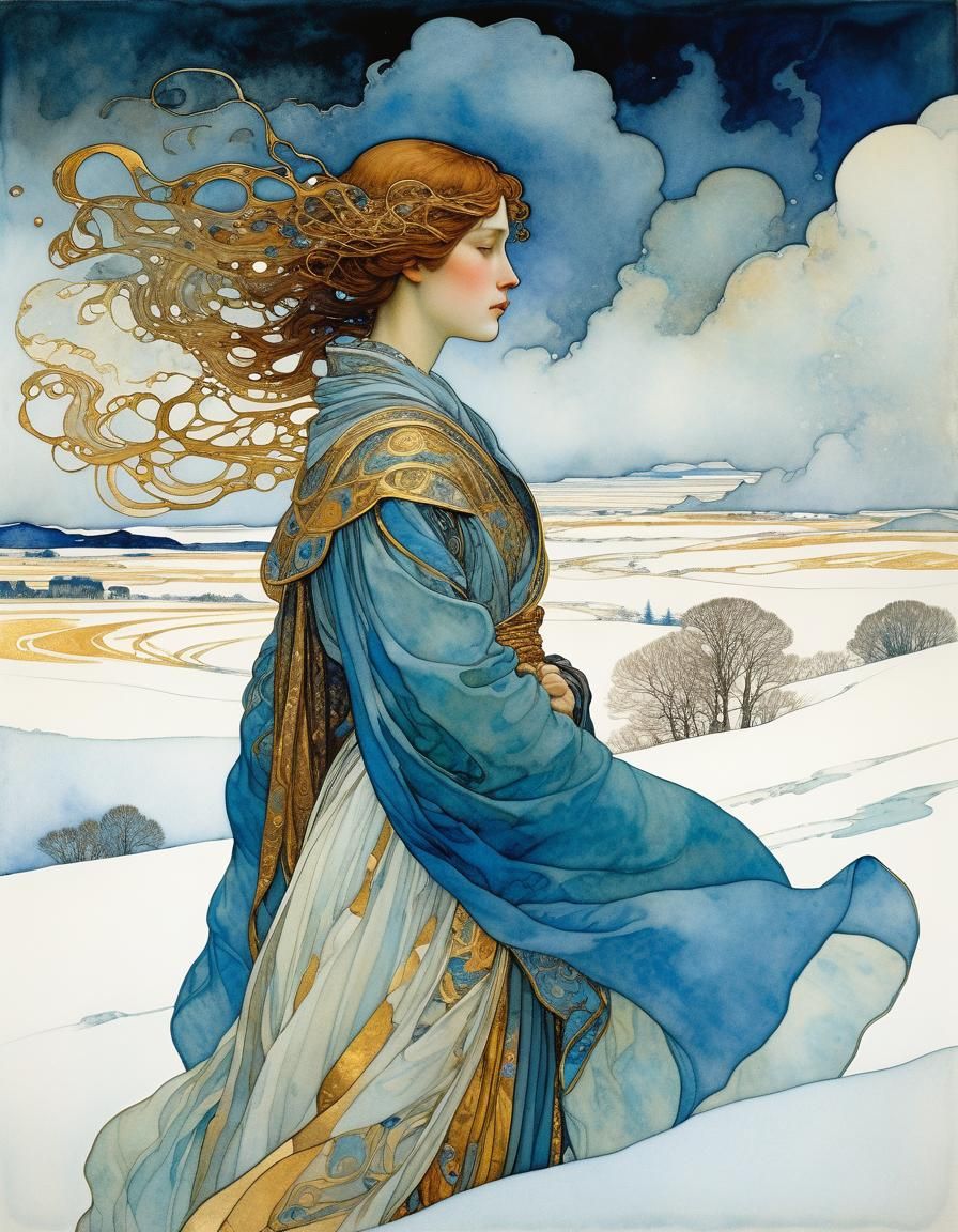 Ethereal Winter Storm with Woman in Art Nouveau Style