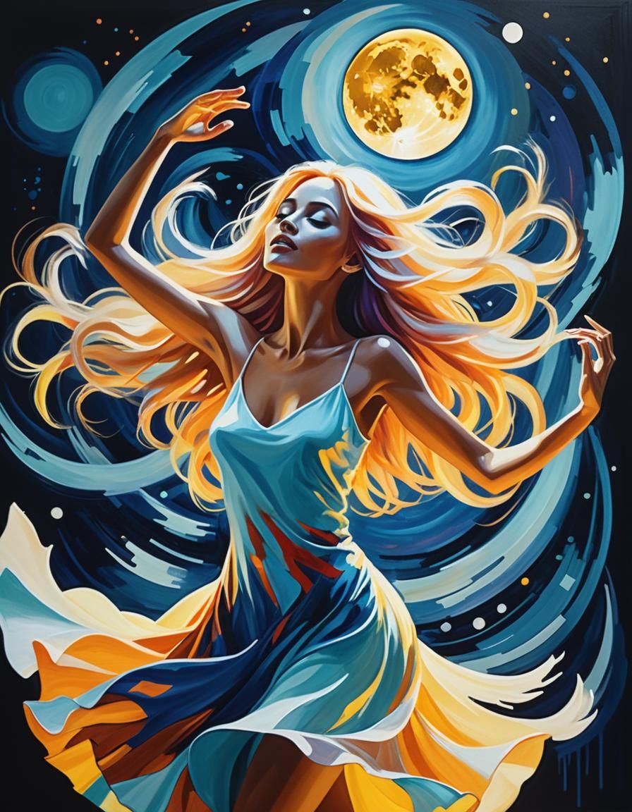 Glowing Woman Dancing in Abstract Moonlight