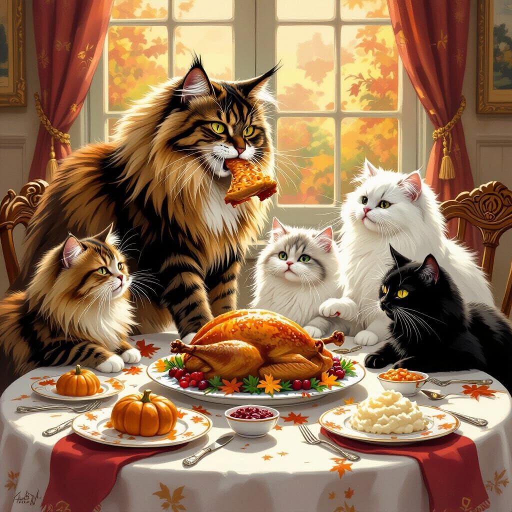 Cats Feast on Thanksgiving Dinner in Whimsical Storybook Sty...