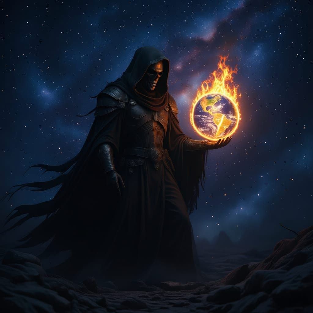 Armored Grim Reaper Ignites Earth: Giger-esque Art