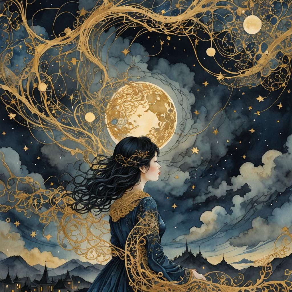 Surreal Gold Filigree Night Sky in Watercolor