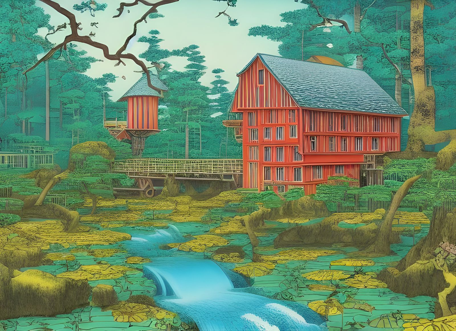 Whimsical Water Mill in Spring Forest, Surrealist Art