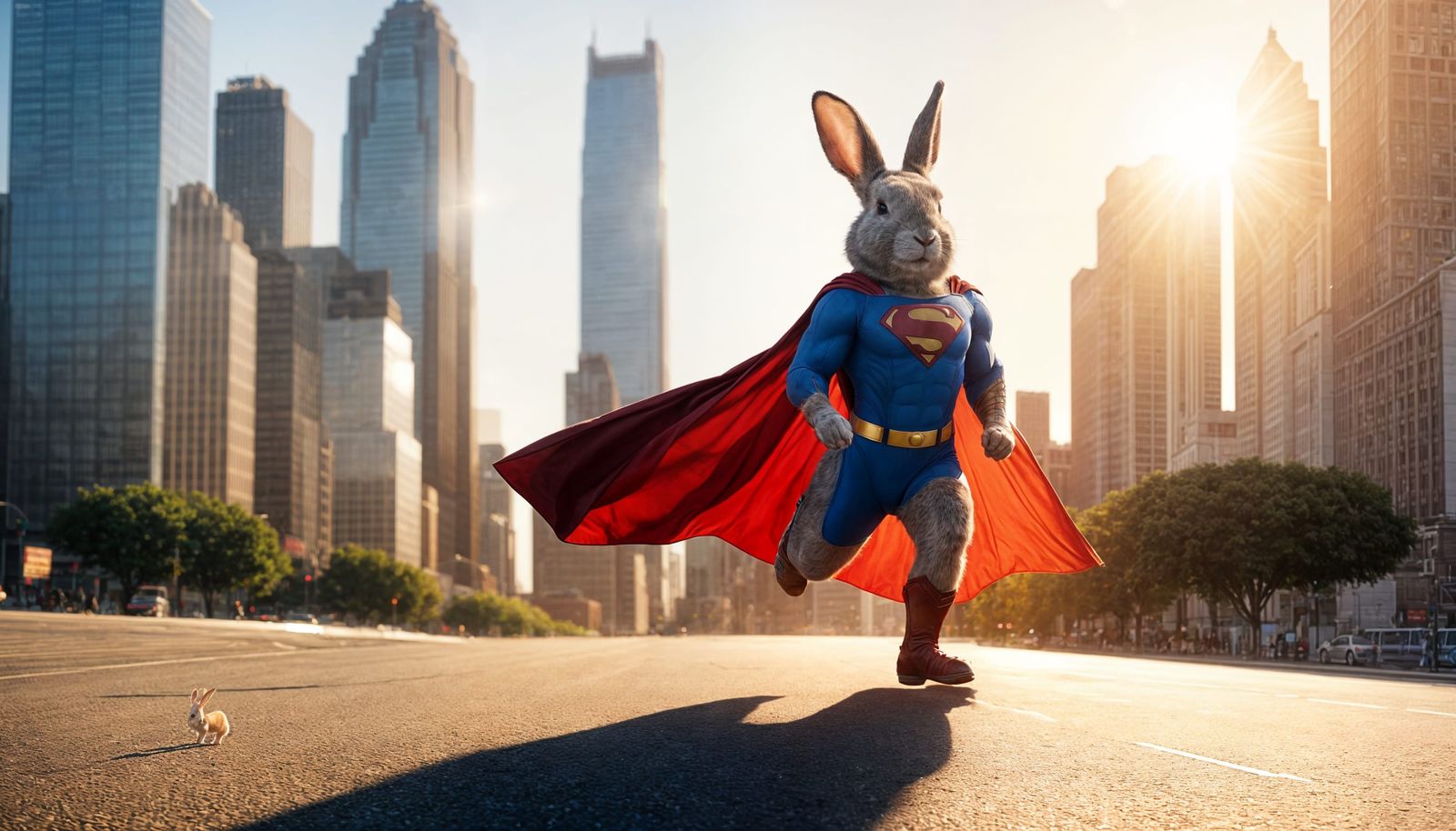 Superhero Bunny Soars Through City in Vibrant Golden Hour Li...