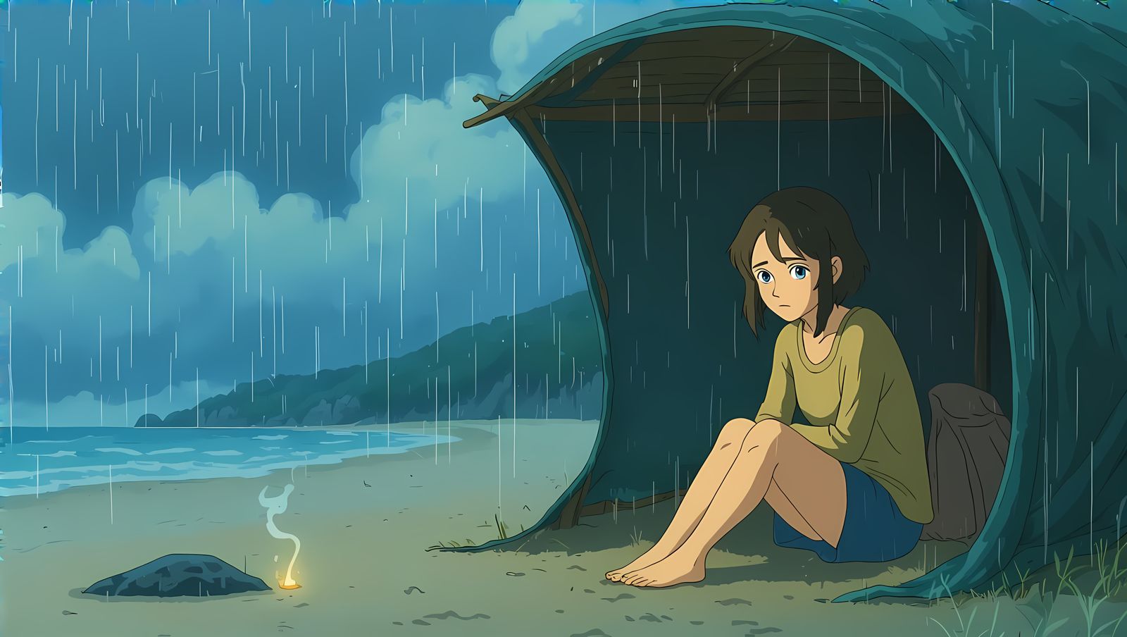 Ghibli-Inspired Woman Finds Solace in Rainy Beach Sanctuary