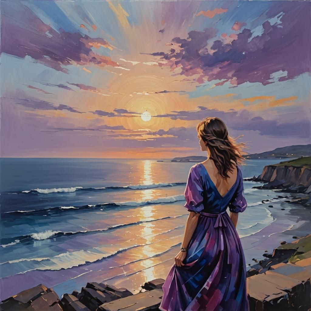 Woman Watches Sunset: Impasto Painting in Blues and Purples