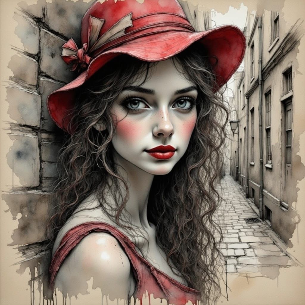 Girl in Red Vintage Mixed Media Art