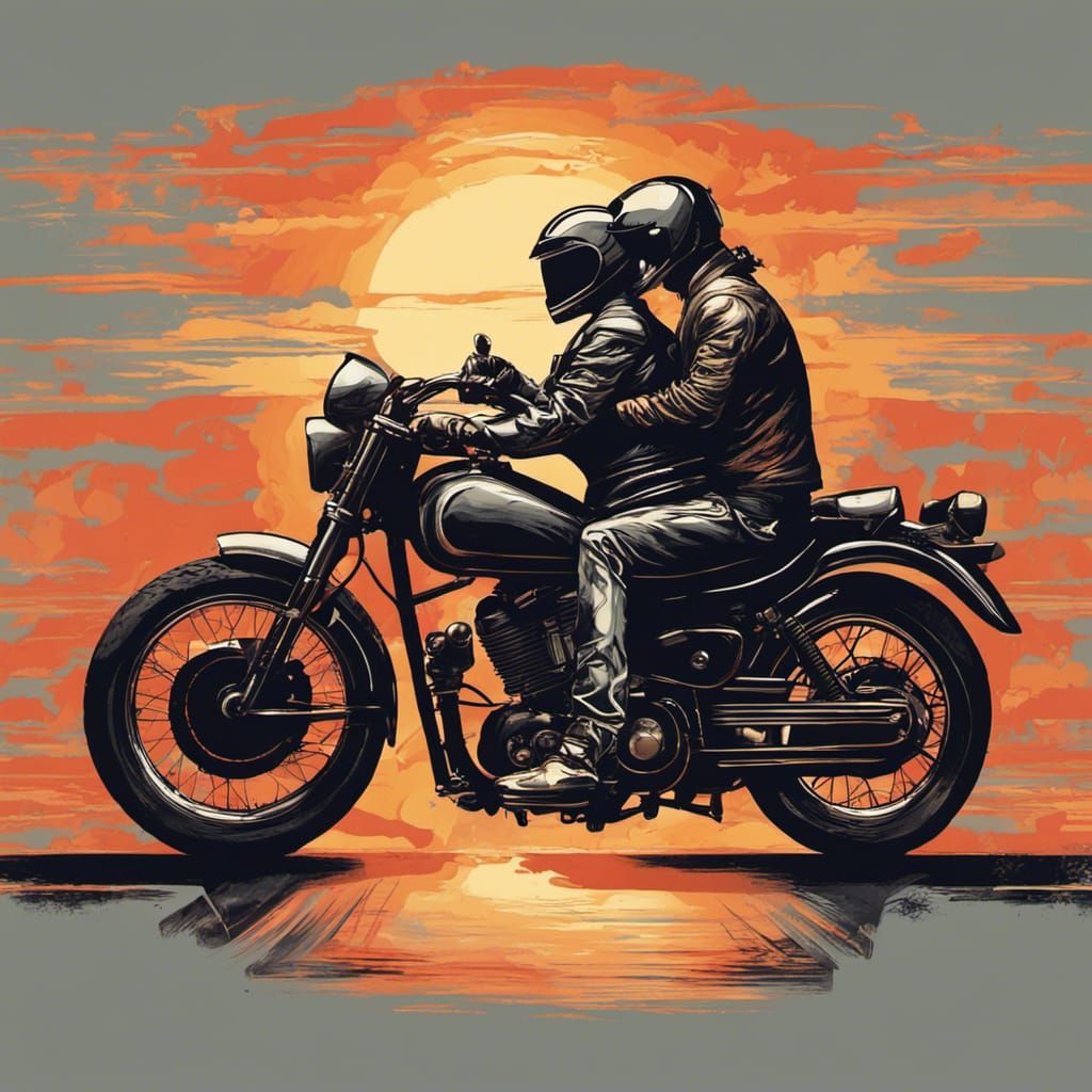 Couple on Motorcycle at Sunset in Abstract Art Style