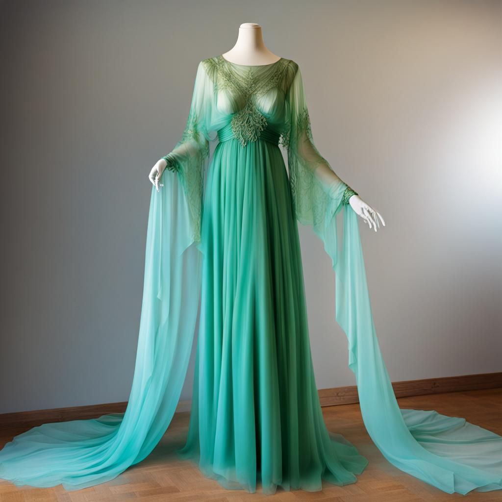 Aquamarine Greek Princess Dress on Dress Form
